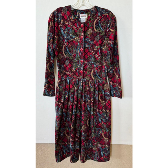 Vintage Talbots Knit Midi Equestrian Print Dress Sz XS 90s Pockets Red - Picture 1 of 8